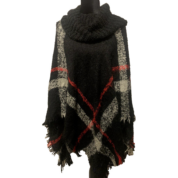 Woven Heart Turtleneck Poncho Sz S/M Batwing Fringe Boho Ethnic Cape Wrap Shawl - Picture 4 of 9